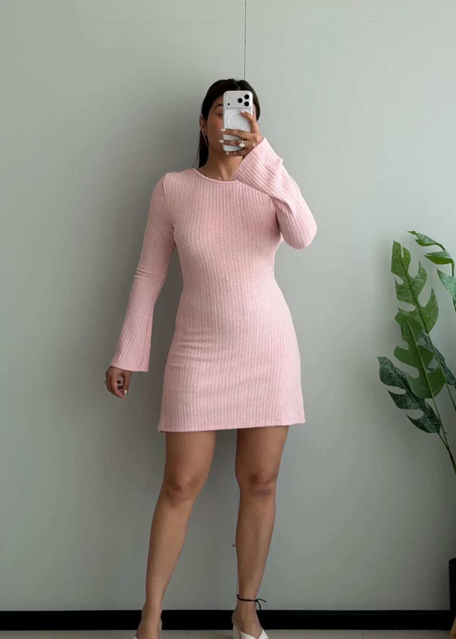 SIZE XS-S, Soft Pink Ribbed Long Sleeve Mini Dress - Closet by Payal