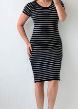 Size S-M Black & White Striped Bodycon Midi Dress