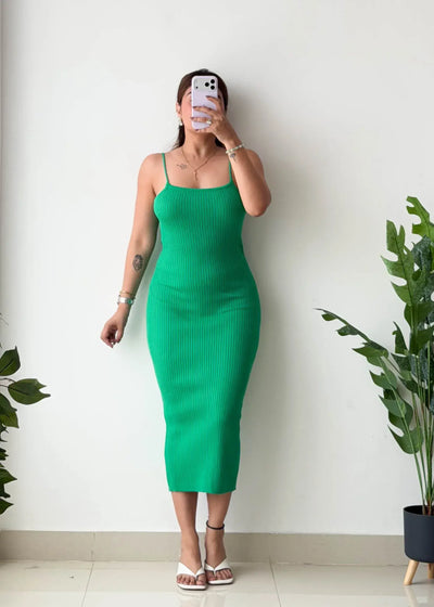 Size S-M, Green Spaghetti Strap Ribbed Midi Dress - Closet by Payal