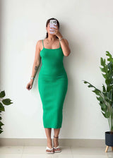 Size S-M, Green Spaghetti Strap Ribbed Midi Dress - Closet by Payal