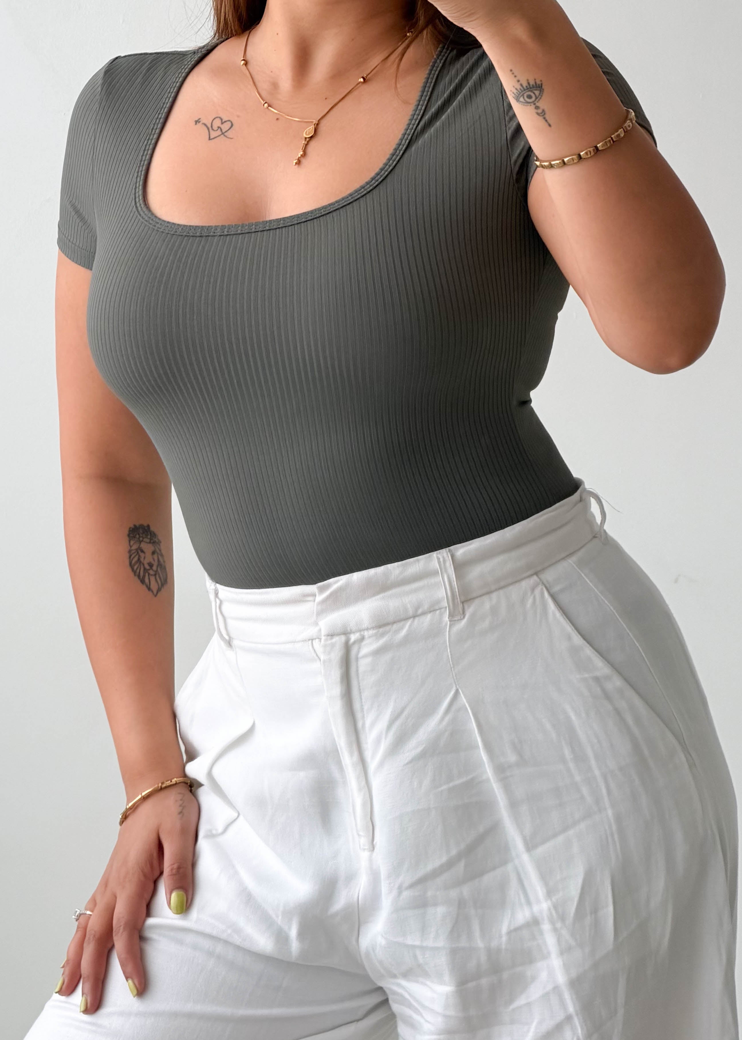 Size S-M Olive Ribbed Square Neck Bodysuit