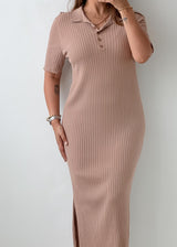Size M-L Beige Ribbed Polo Knit Maxi Dress