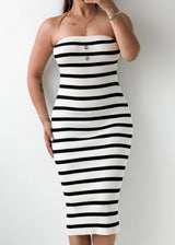 Size XS-S Black & White Striped Ribbed Knit Midi Dress