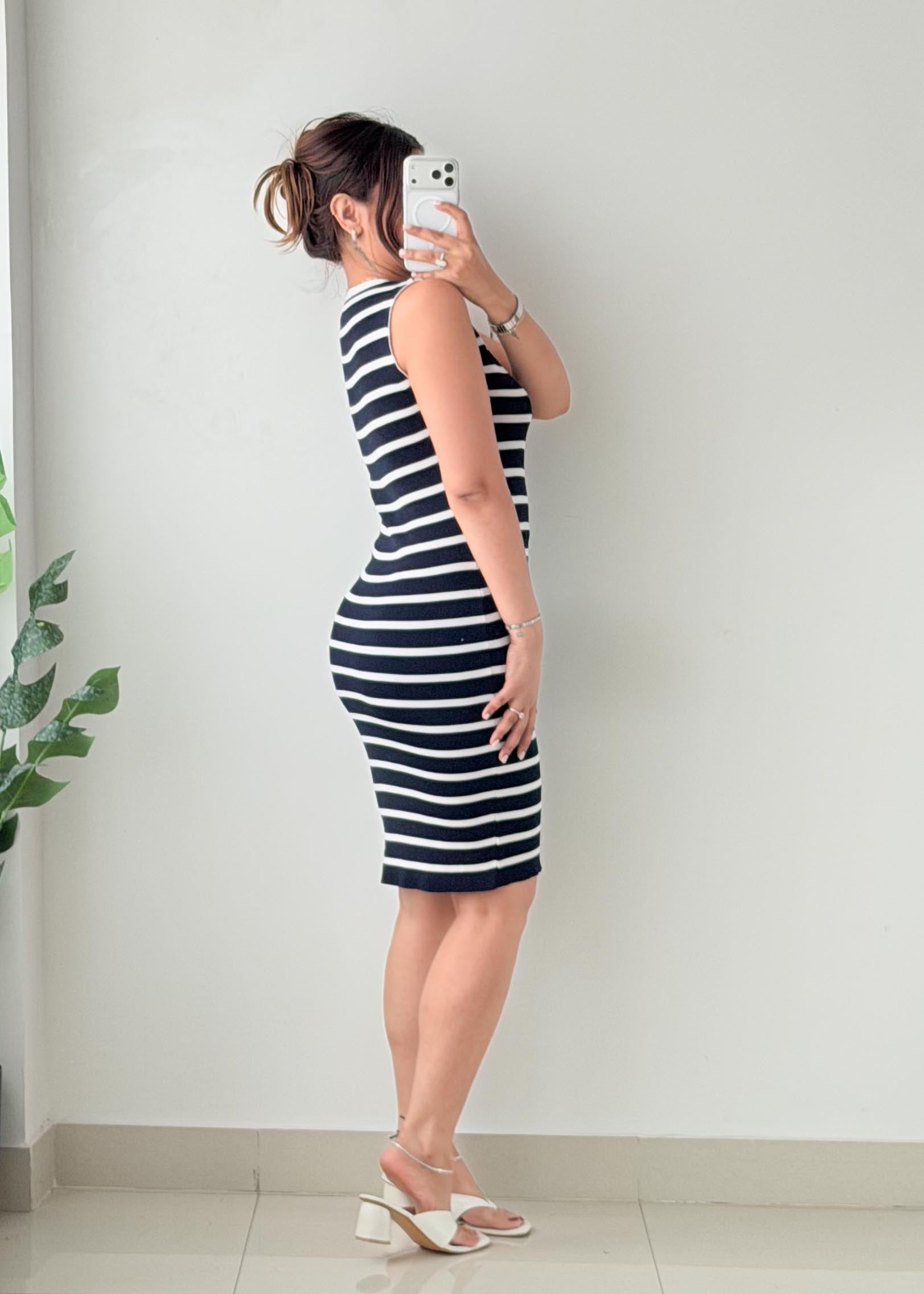 Size S-M Navy & White Striped Ribbed Mini Dress