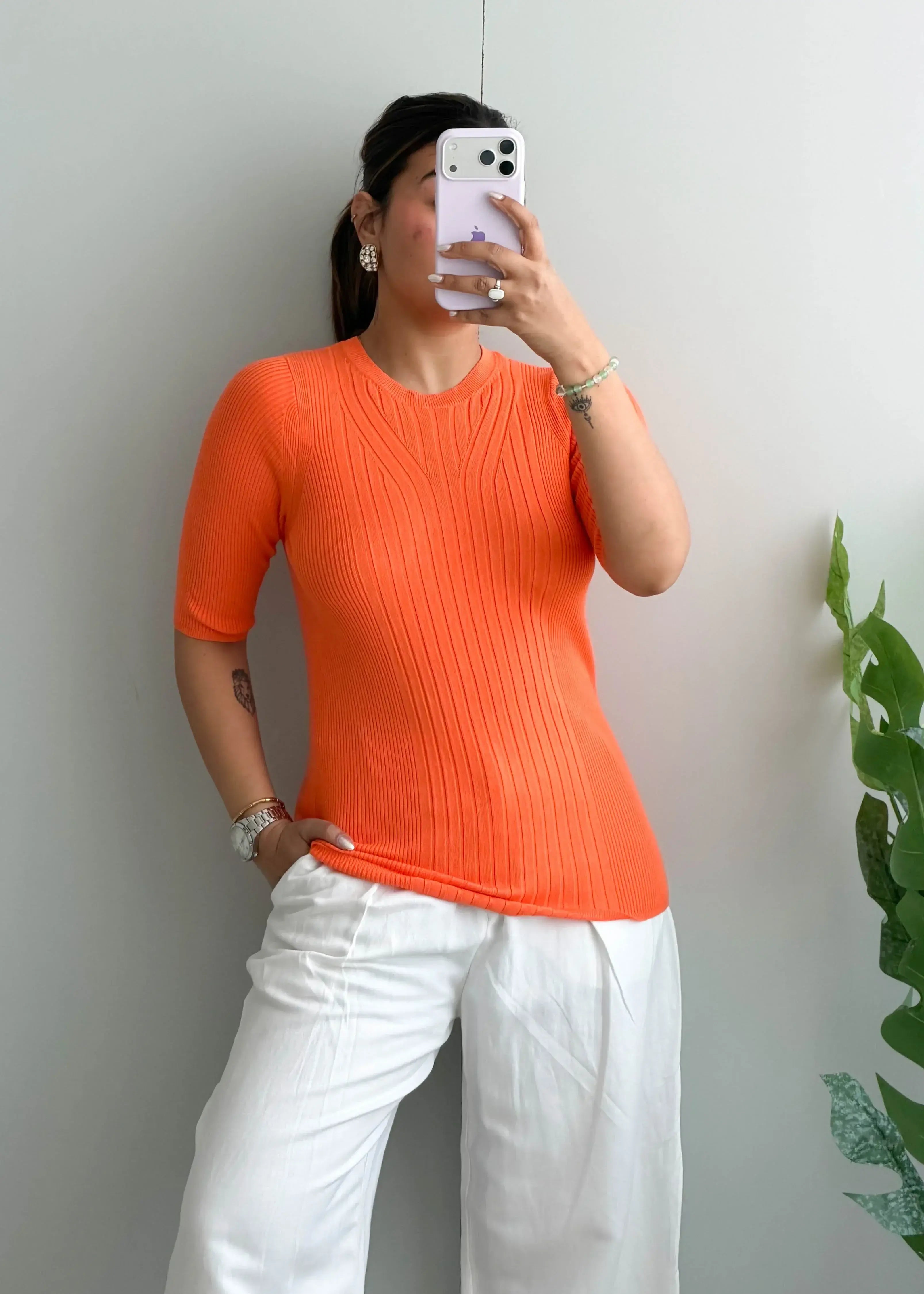 Size S-M, Orange Ribbed Half Sleeve Top - Closet by Payal