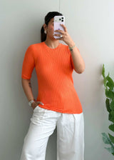 Size S-M, Orange Ribbed Half Sleeve Top - Closet by Payal