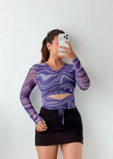 Size XS-S Purple Marble Cut-Out Mesh Top
