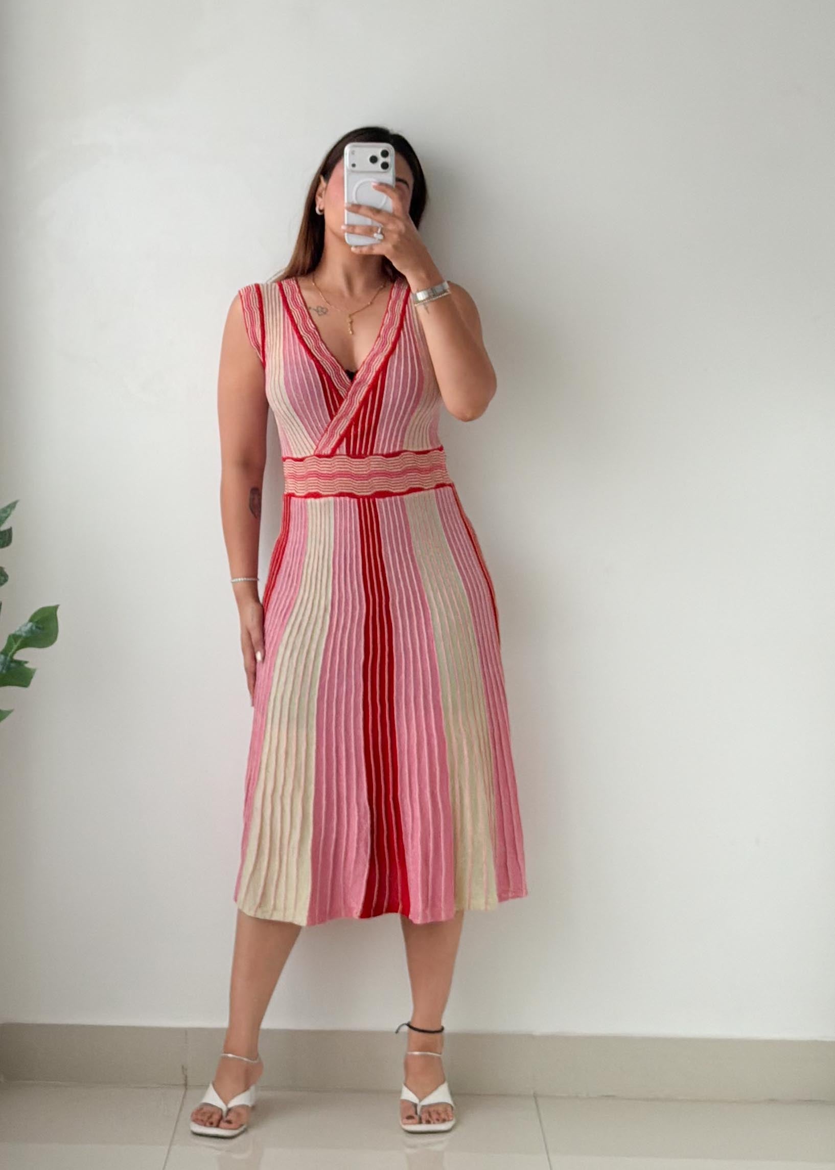 Size XS-S Pink & Red Striped Knit Midi Dress