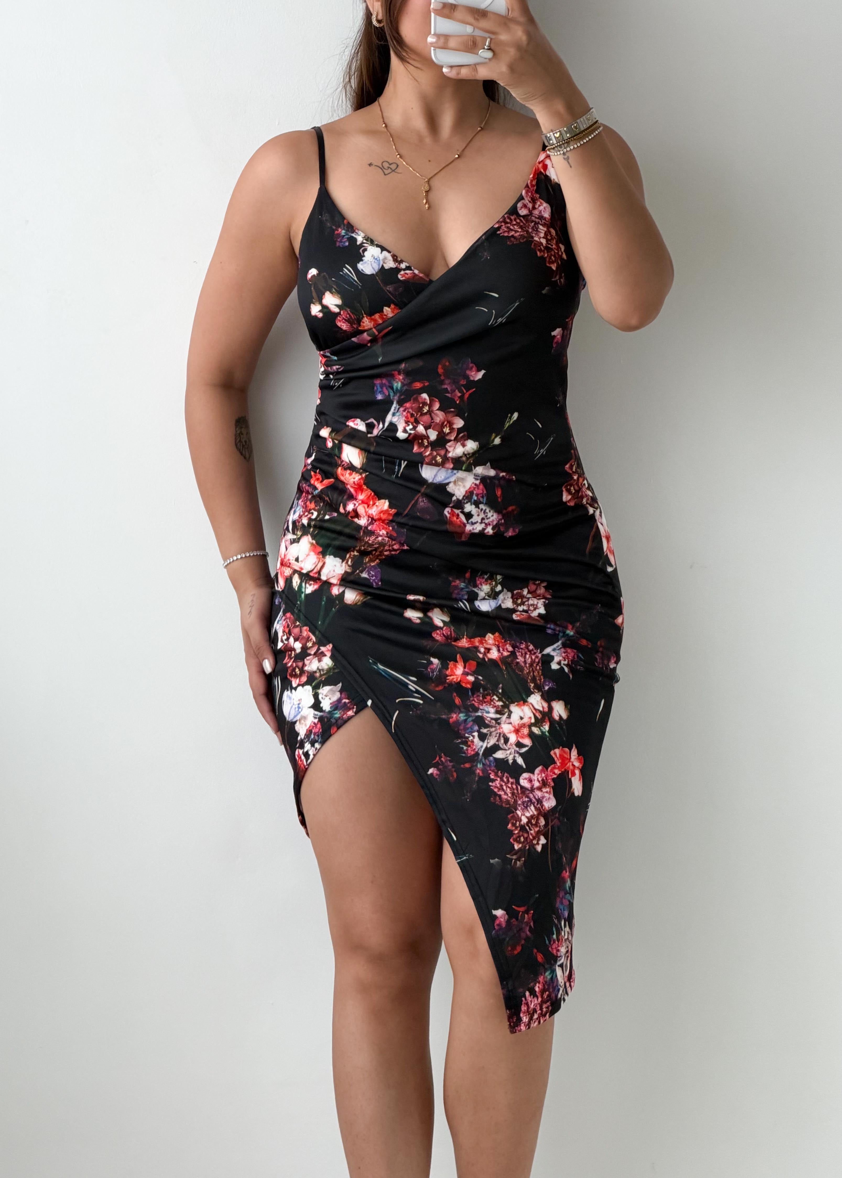 Size S-M Black Floral Wrap Midi Dress