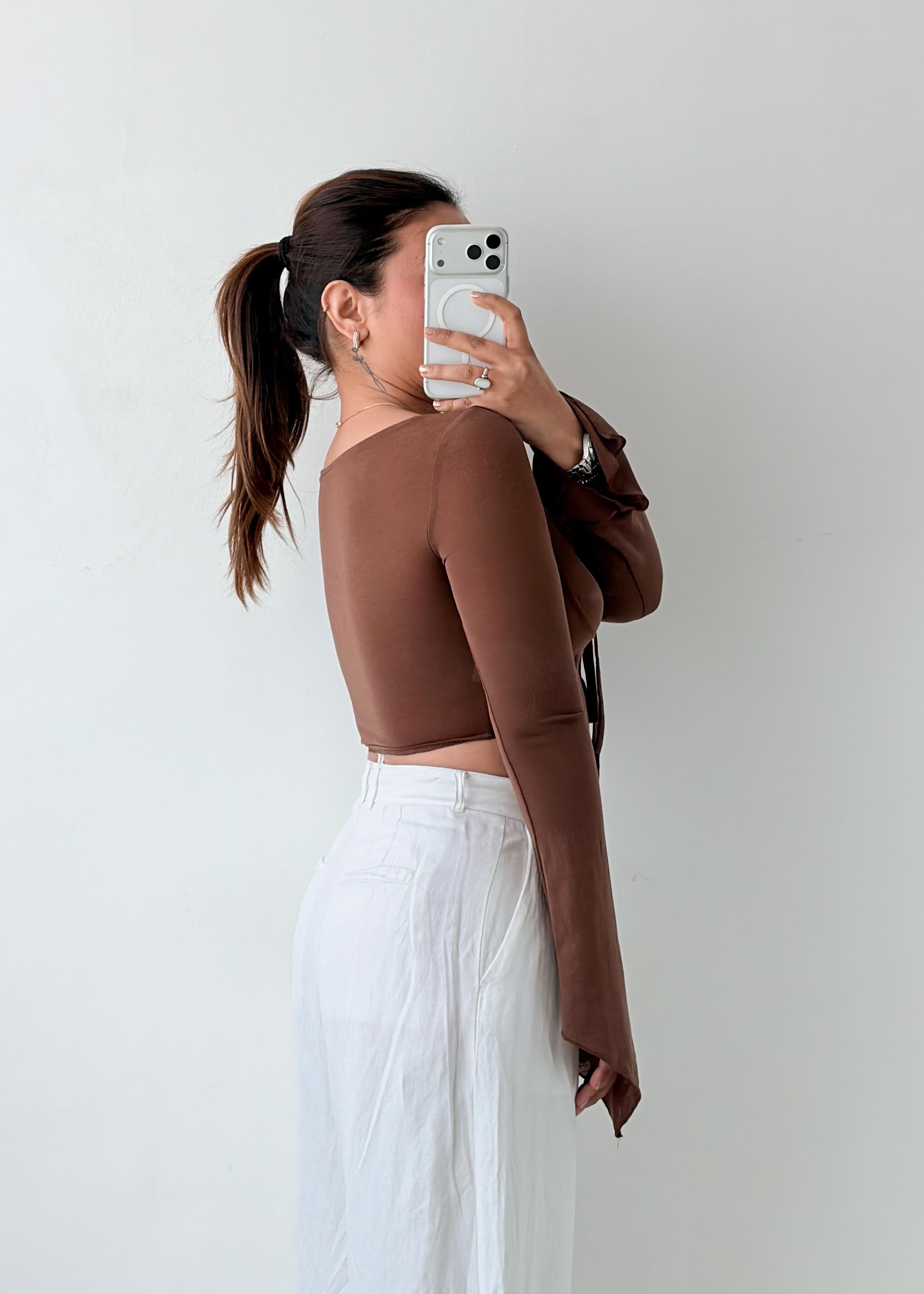 Size XS-S Brown Ruched Tie Front Top