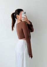 Size XS-S Brown Ruched Tie Front Top