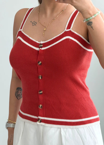 Size S-M, Red Button Front Ribbed Tank Top - Closet by Payal
