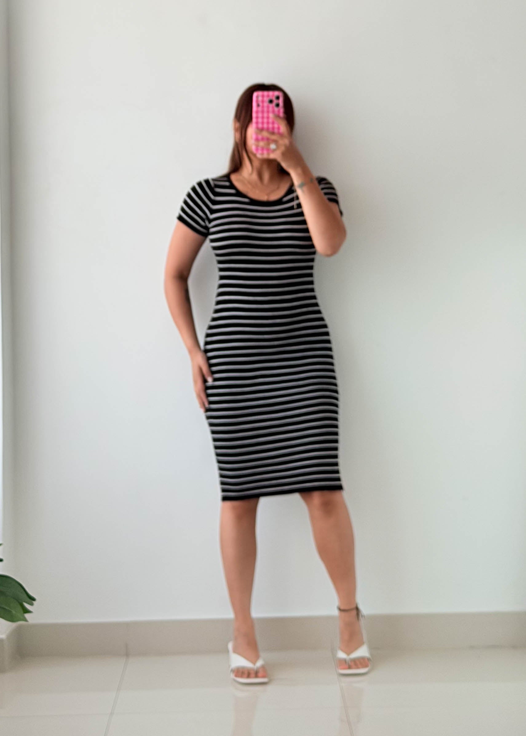Size S-M Black & White Striped Bodycon Midi Dress