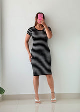 Size S-M Black & White Striped Bodycon Midi Dress