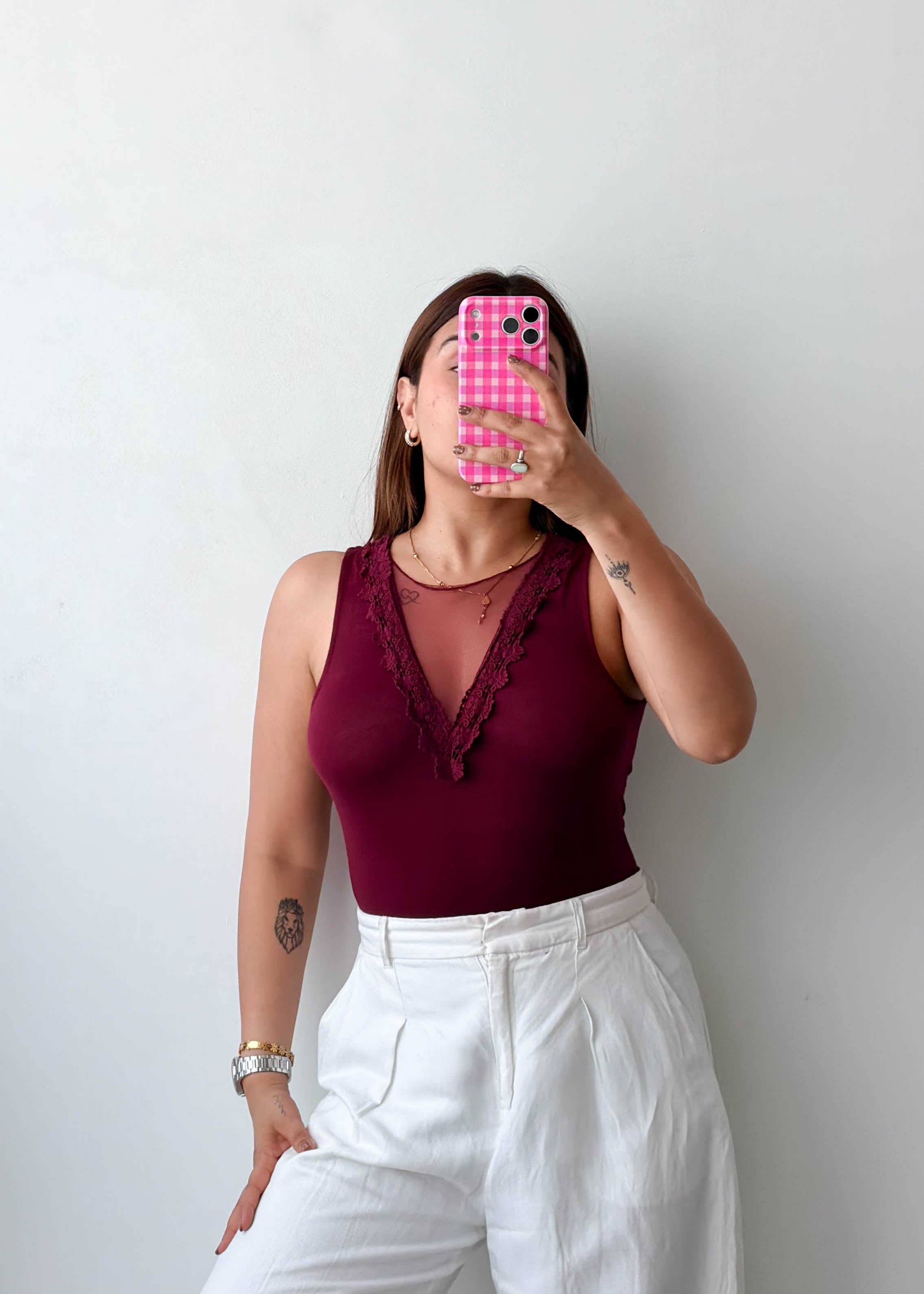Size XS-S Burgundy Lace Trim Bodysuit