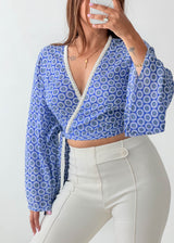 Size M-L Blue Printed Wrap Crop Blouse