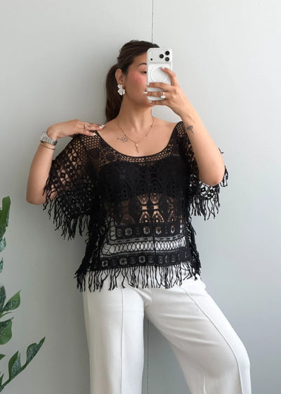 Size S-M, Black Crochet Fringe Top - Closet by Payal