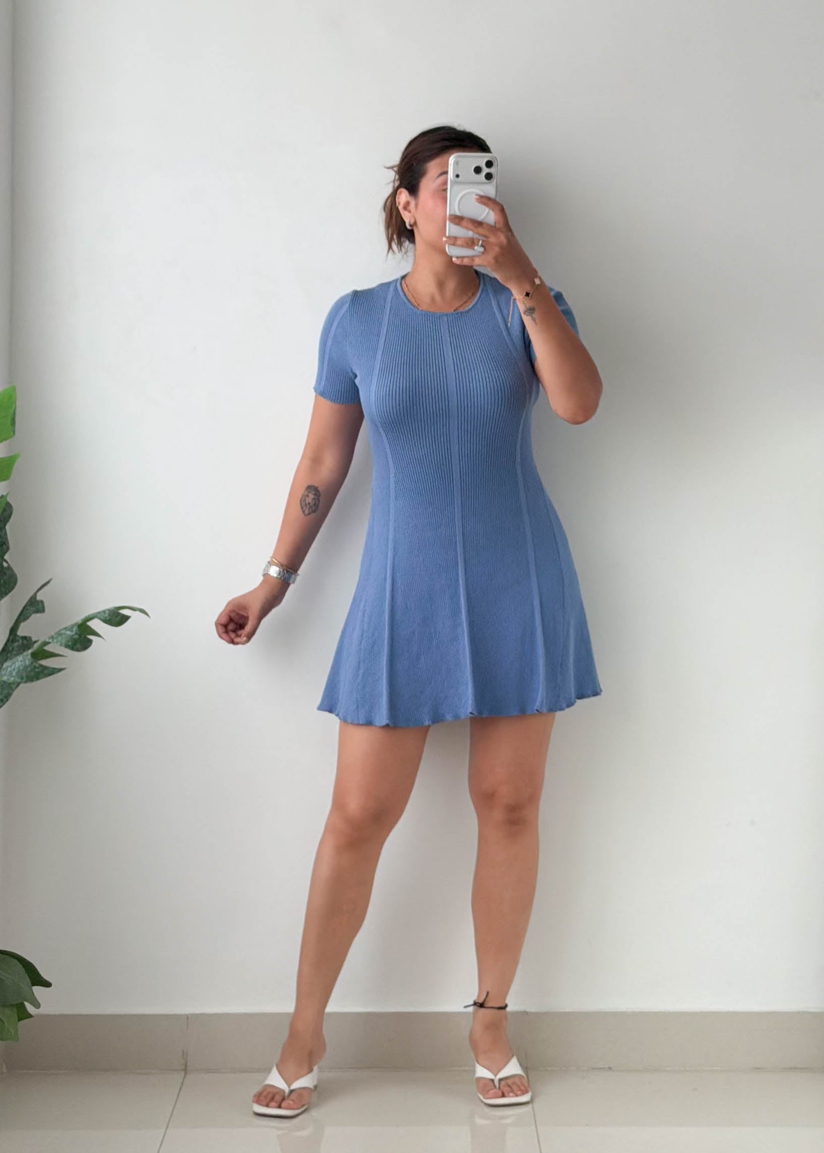 Size M-L Dusty Blue Fit & Flare Knit Mini Dress