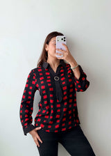 S-M Black Red Geometric Tie-Neck Shirt