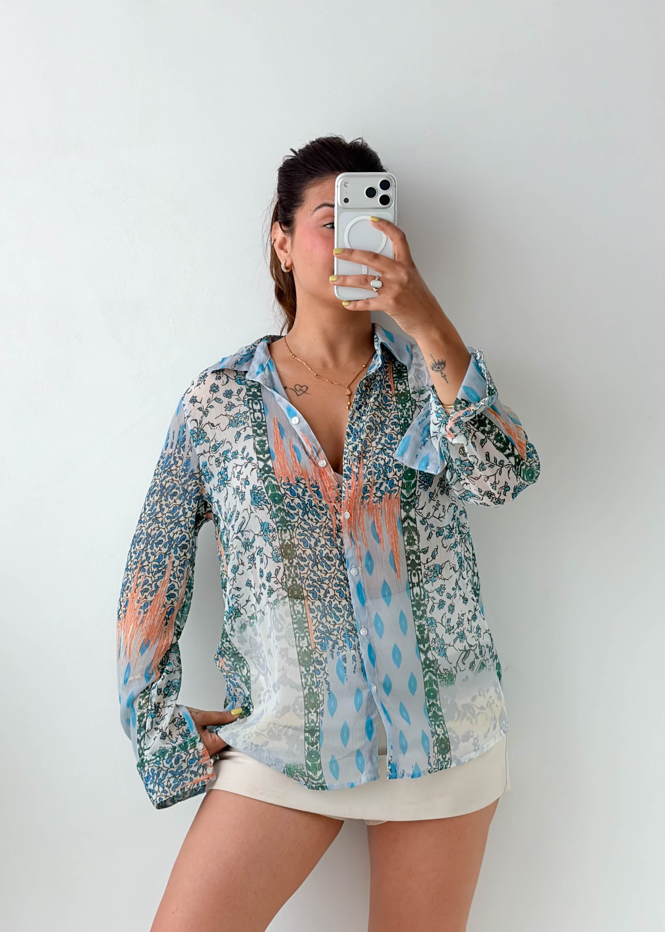 Size S-M Blue Mixed Print Tie-Neck Shirt