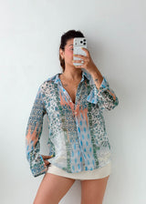 Size S-M Blue Mixed Print Tie-Neck Shirt