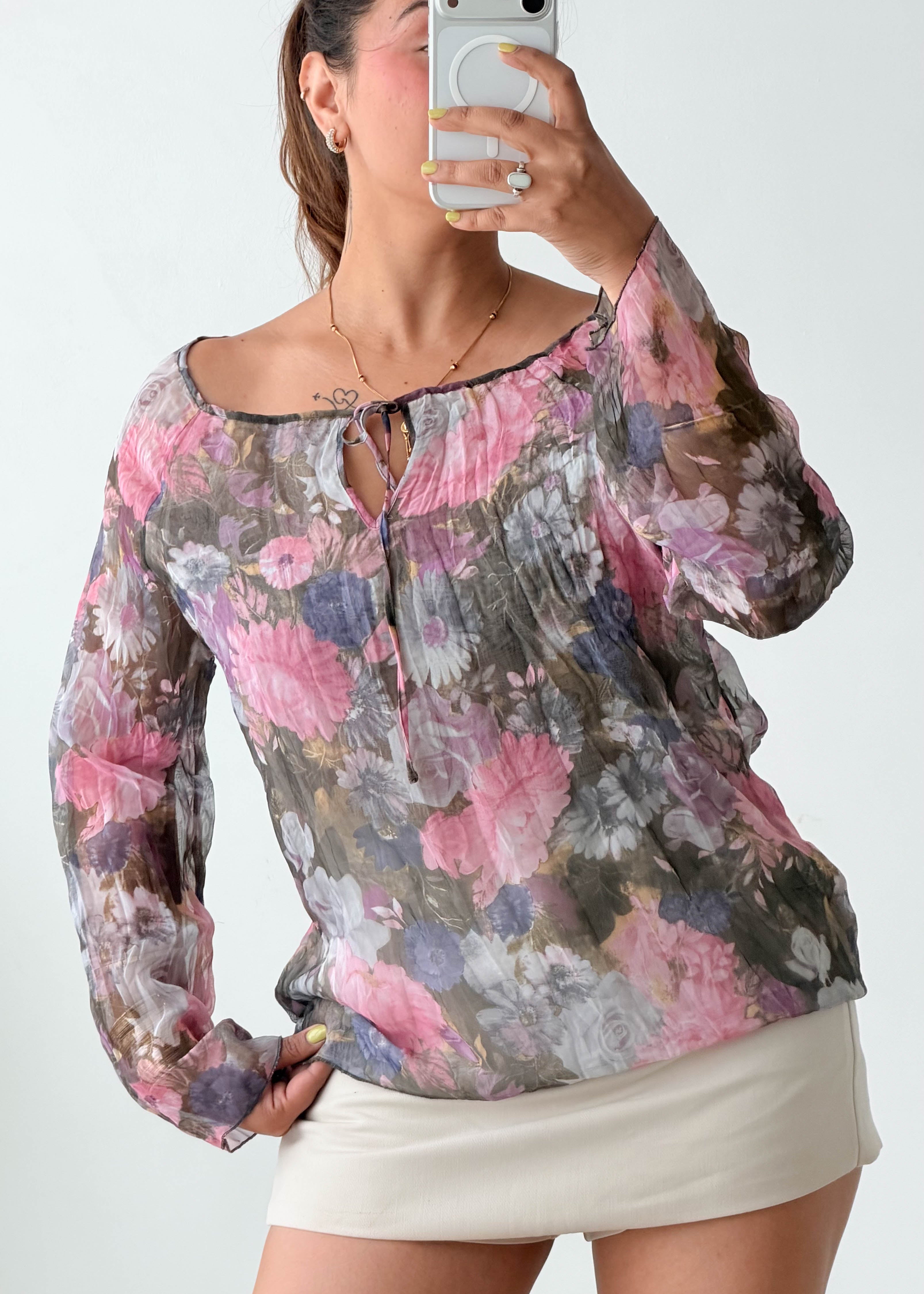 Size S-M Grey Pink Floral Sheer Blouse