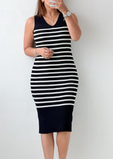 Size S-M Black & White Striped Ribbed Knit Midi Dress