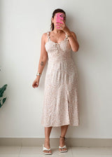 Size XS-S Beige Floral Lace-Up Midi Dress