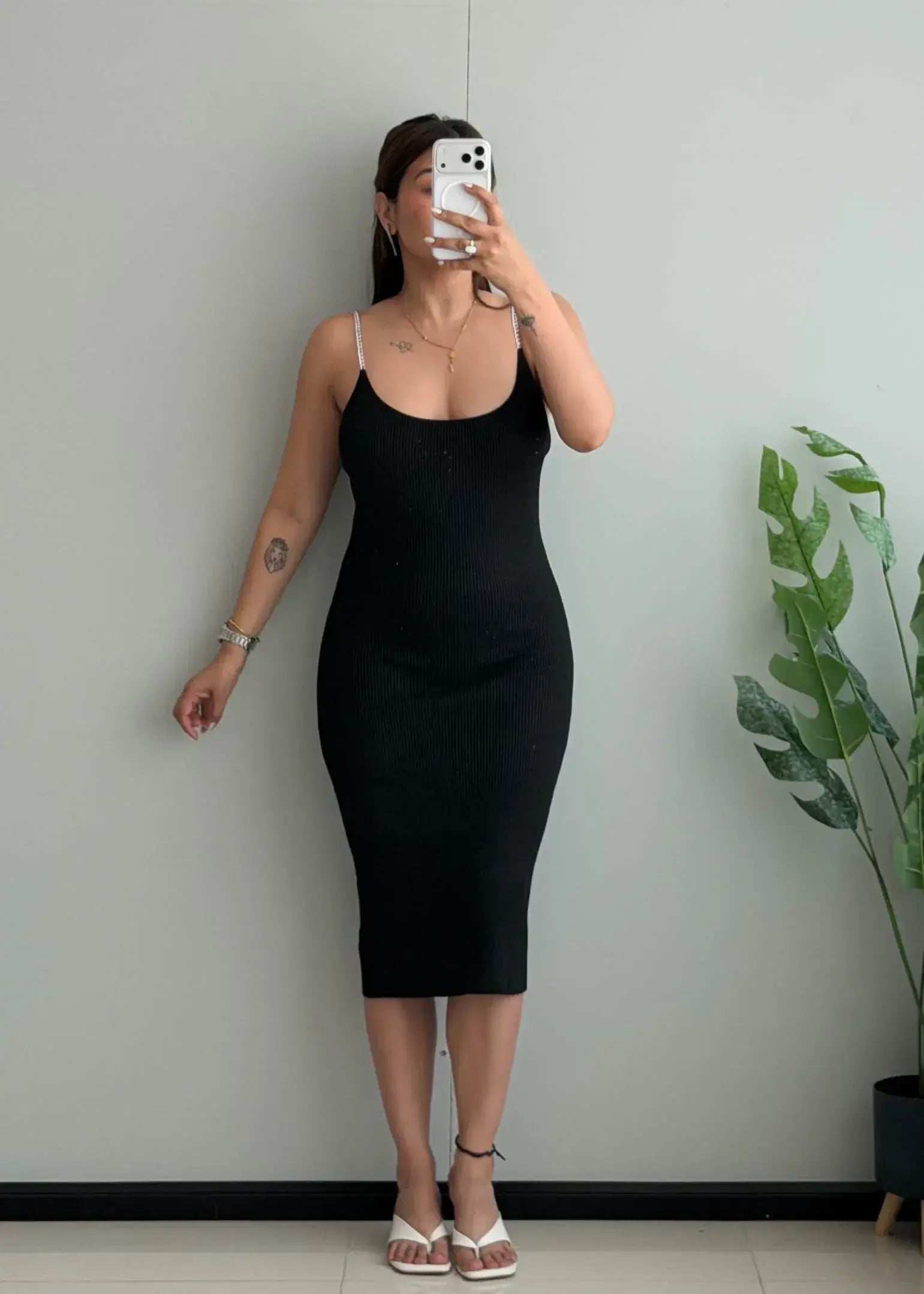 SIZE M-L, Black Ribbed Strap Bodycon Midi Dress - Closet by Payal