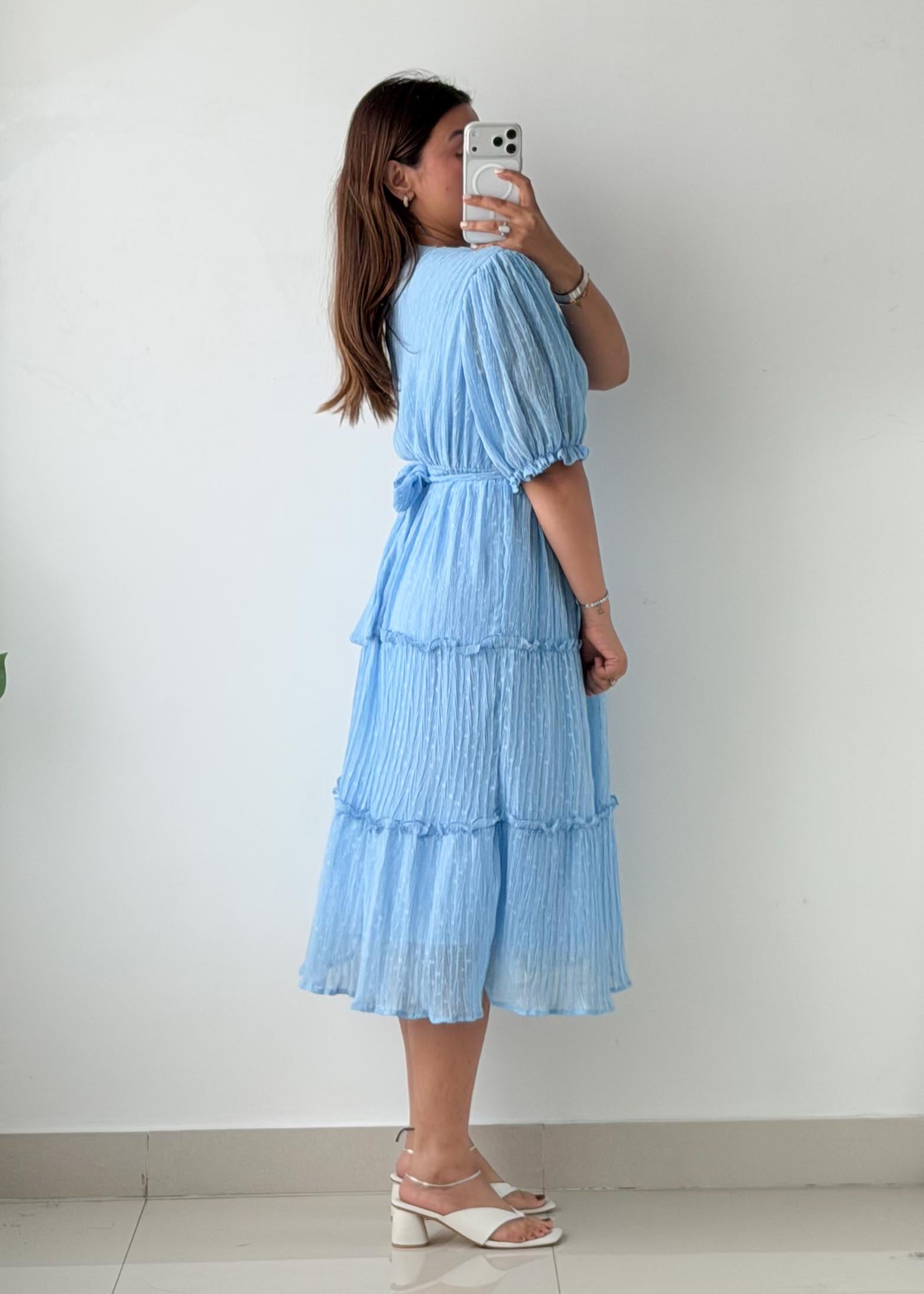 Size S-M Powder Blue Pleated Tiered Midi Dress