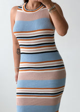 Size M-L Pastel Striped Ribbed Knit Midi Dress