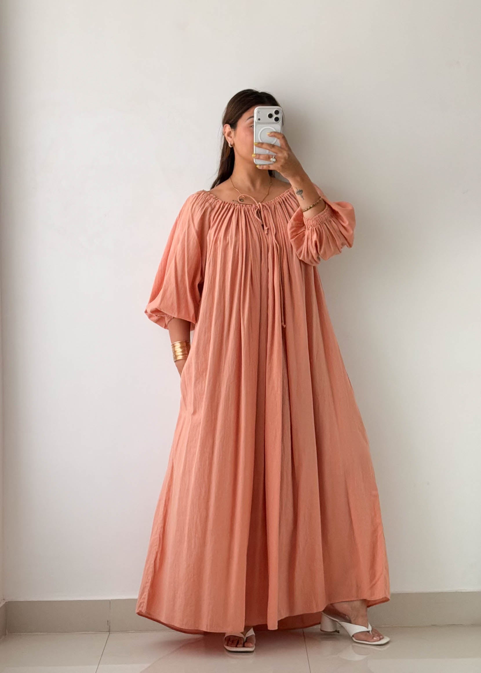 Free Size Peach Cotton Maxi Dress