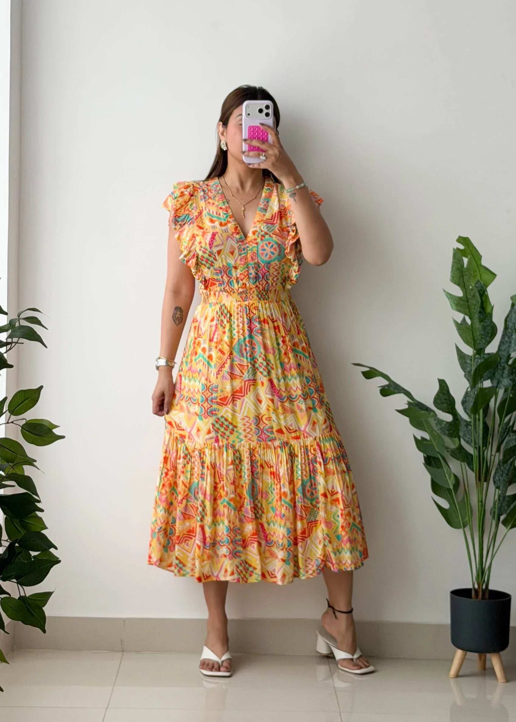 Size M-L, Geometric Print Tiered Midi Dress
