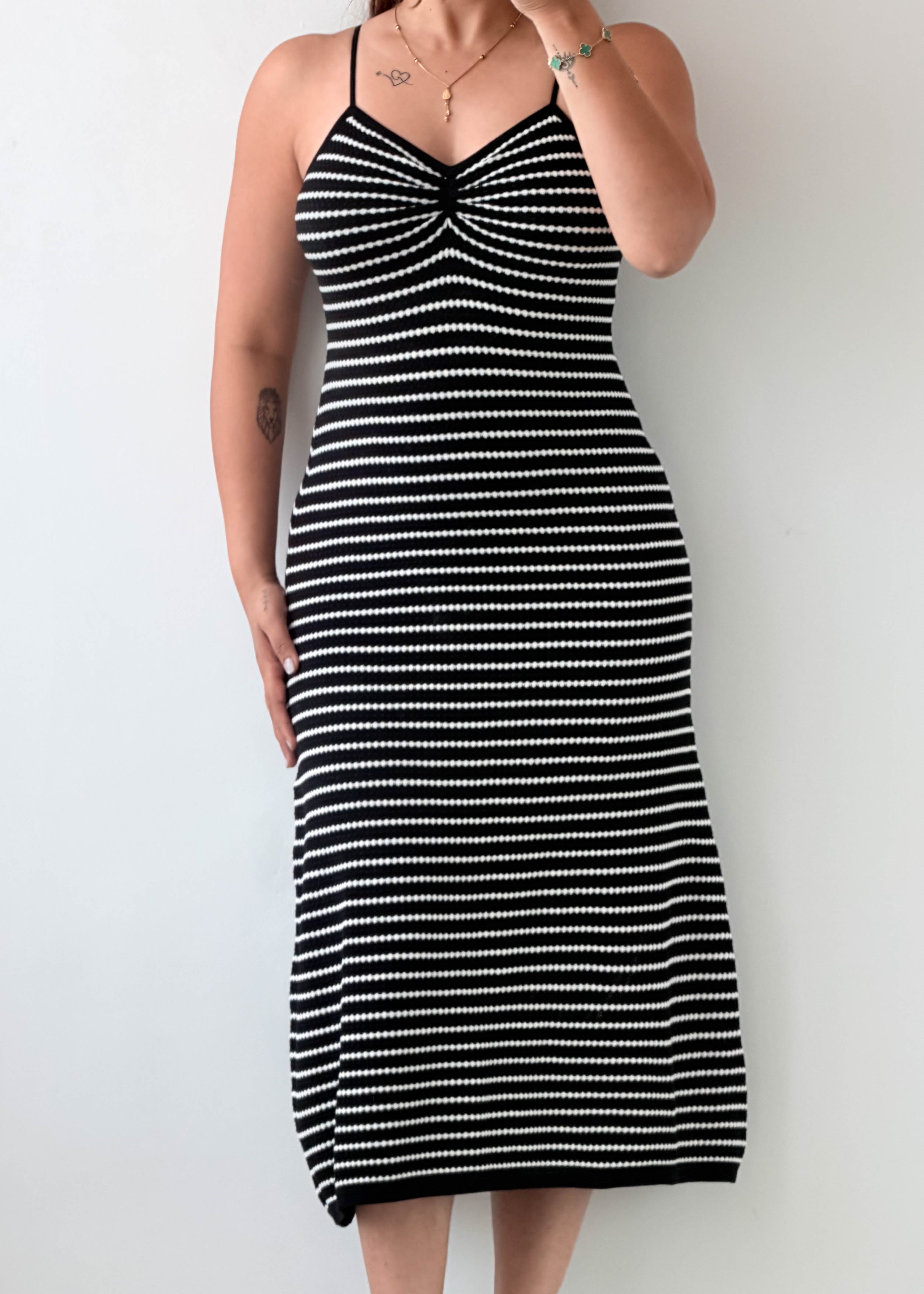 Size XS-M, Black & White Striped Knit Midi Dress