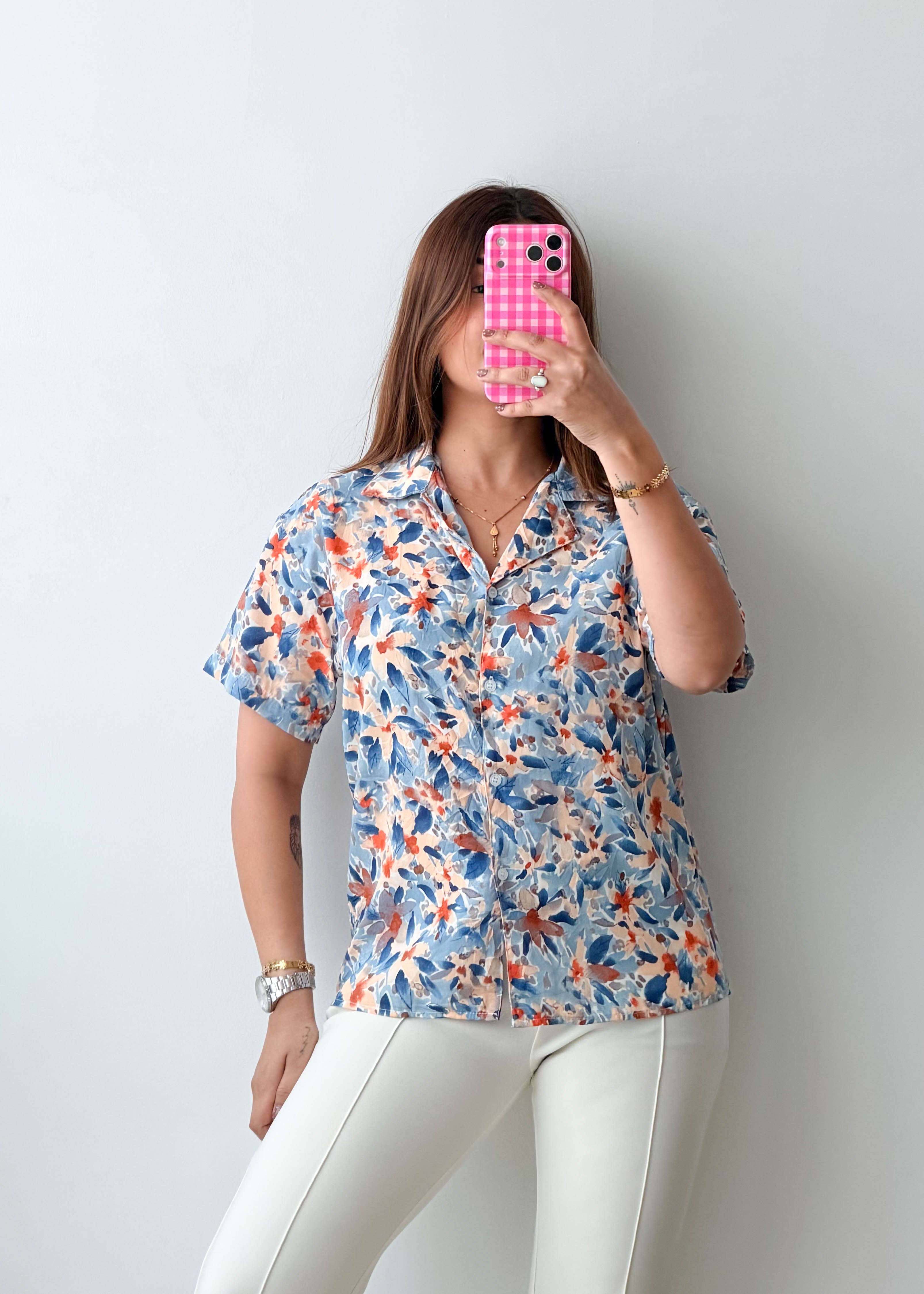 Size S-M Blue Orange Floral Print Shirt Top