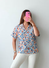 Size S-M Blue Orange Floral Print Shirt Top