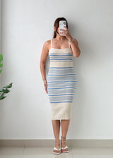 Size S-M White & Blue Striped Ribbed Knit Midi Dress