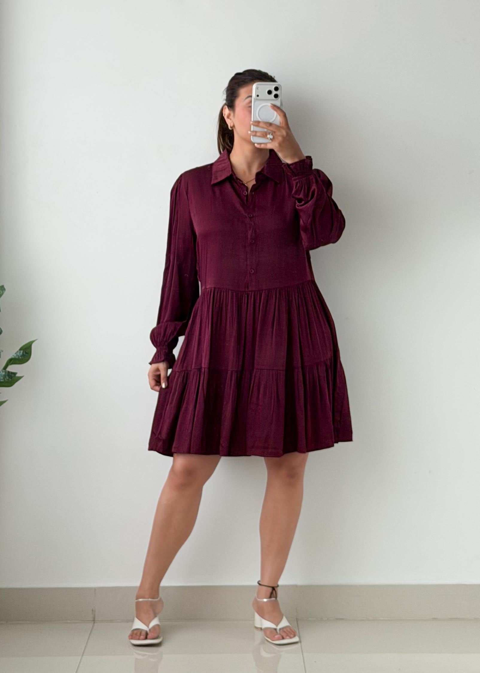 Size S-M Burgundy Tiered Shirt Mini Dress