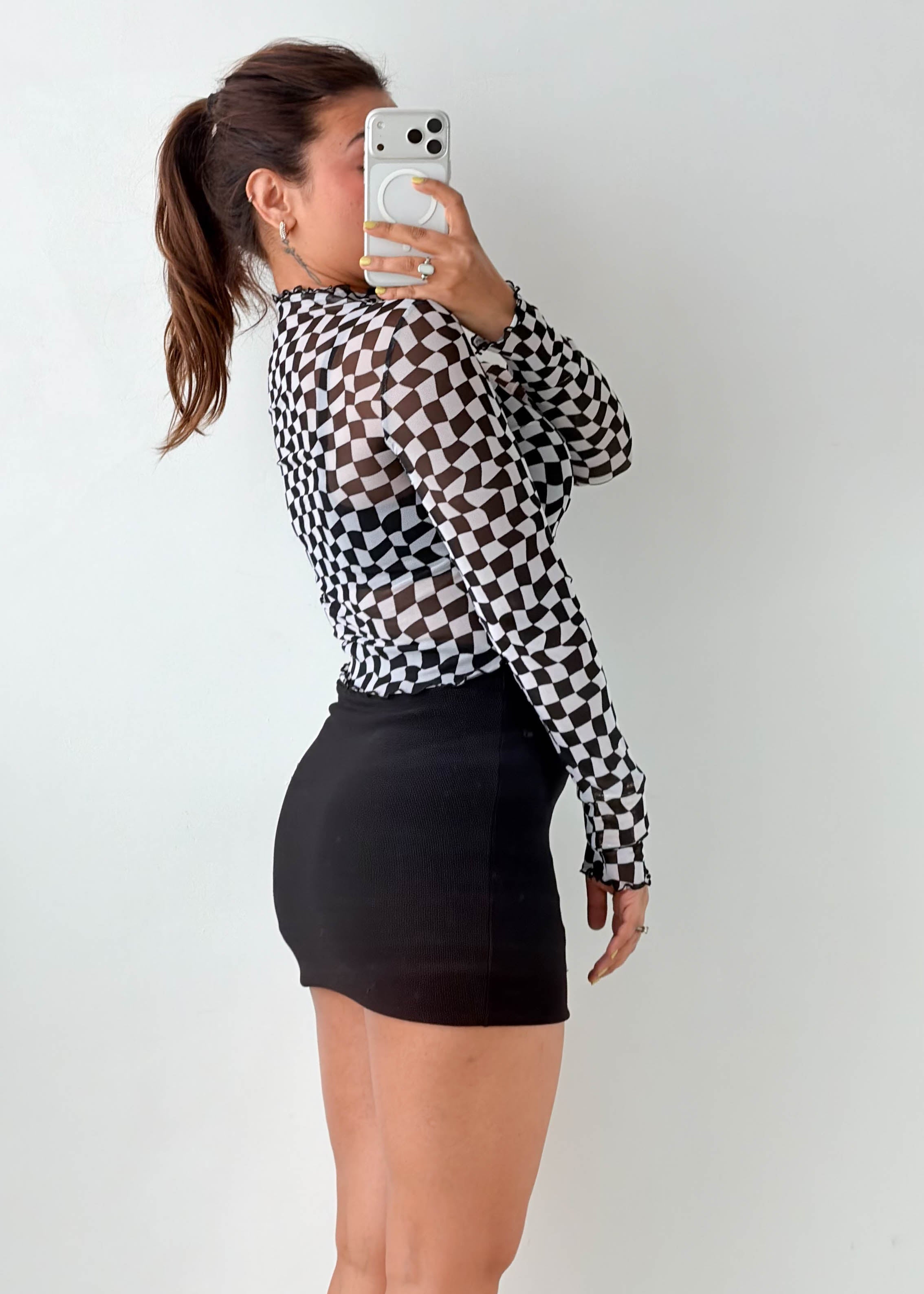 Size S-M Black Checkered Mesh High Neck Top