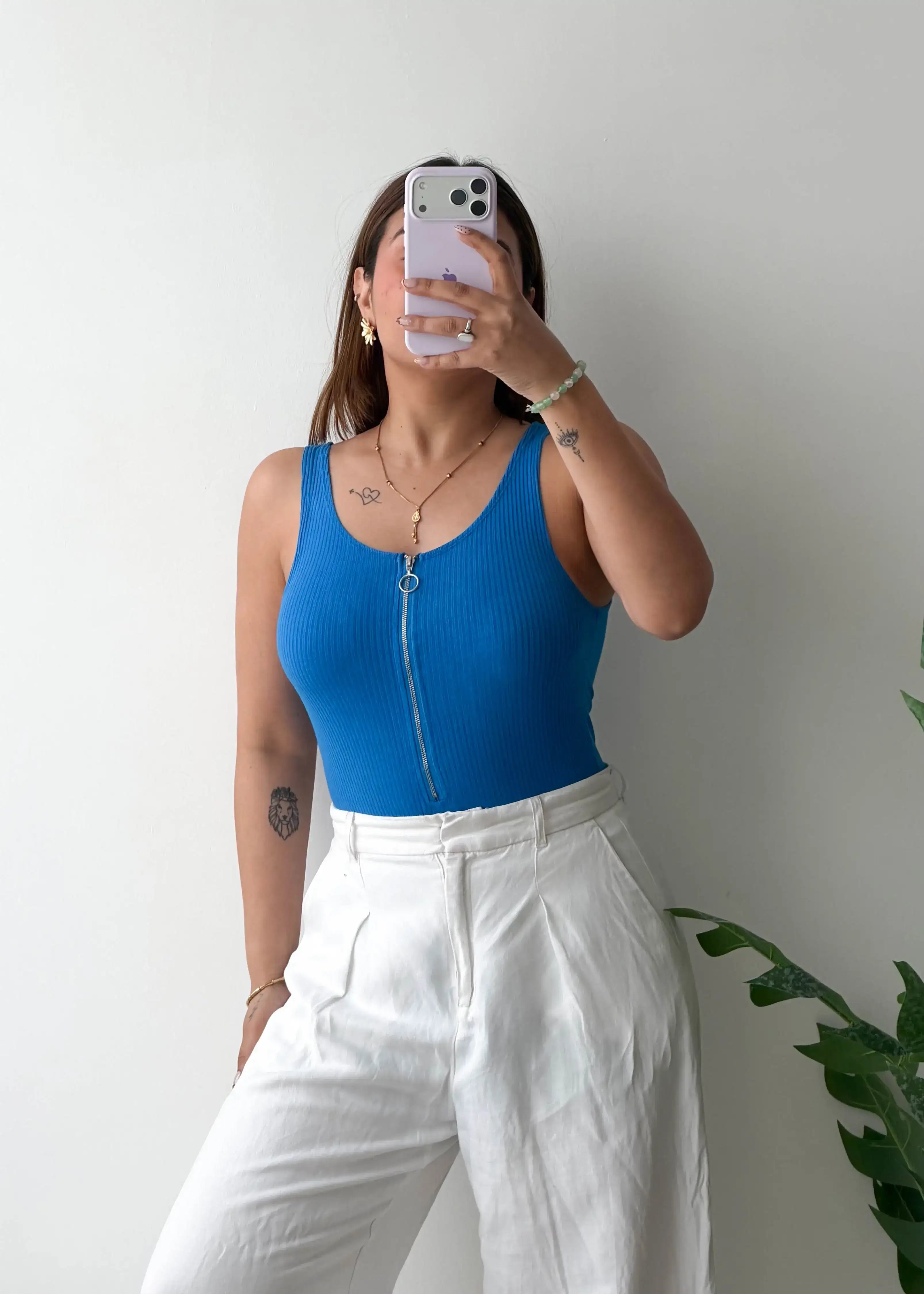 Size S-M, Blue Zip Front Sleeveless Bodysuit