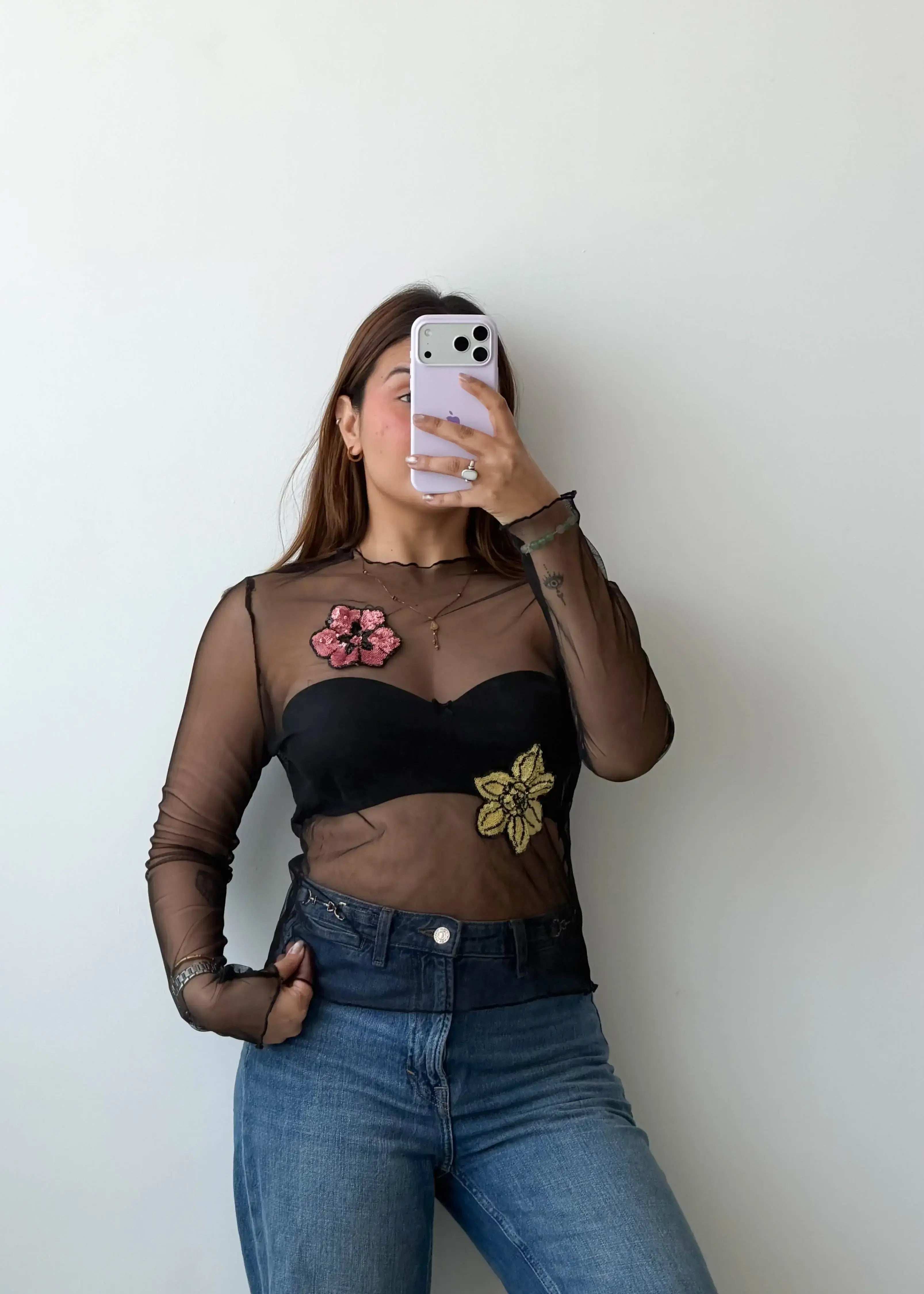 Size S-M Black Sheer Floral Mesh Top