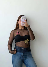 Size S-M Black Sheer Floral Mesh Top