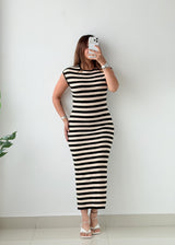 Size S-M Black & White Striped Ribbed Knit Midi Dress