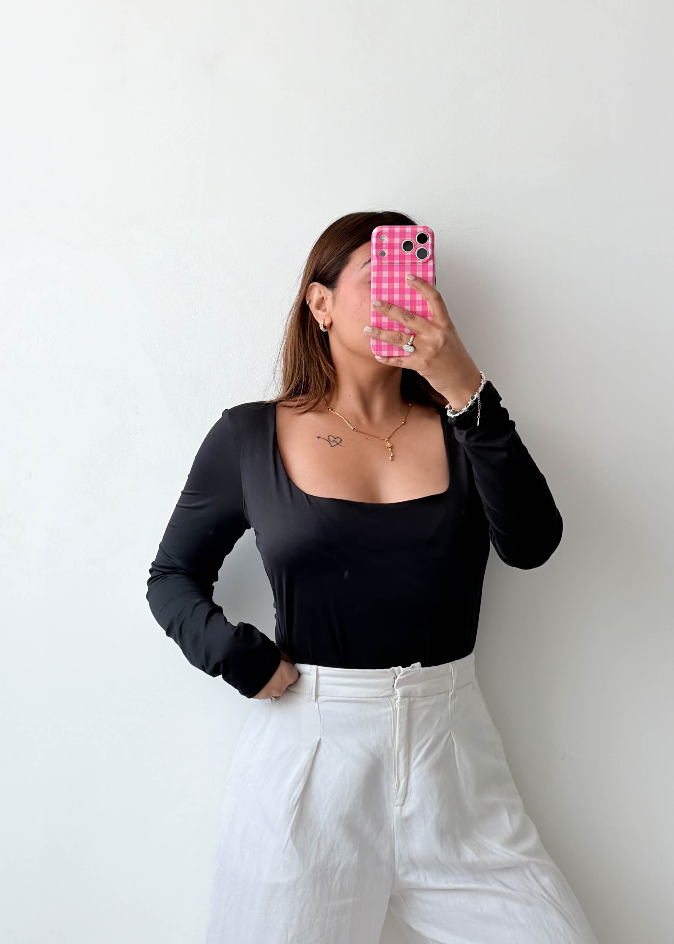 Size L-XL Black Square Neck Bodysuit