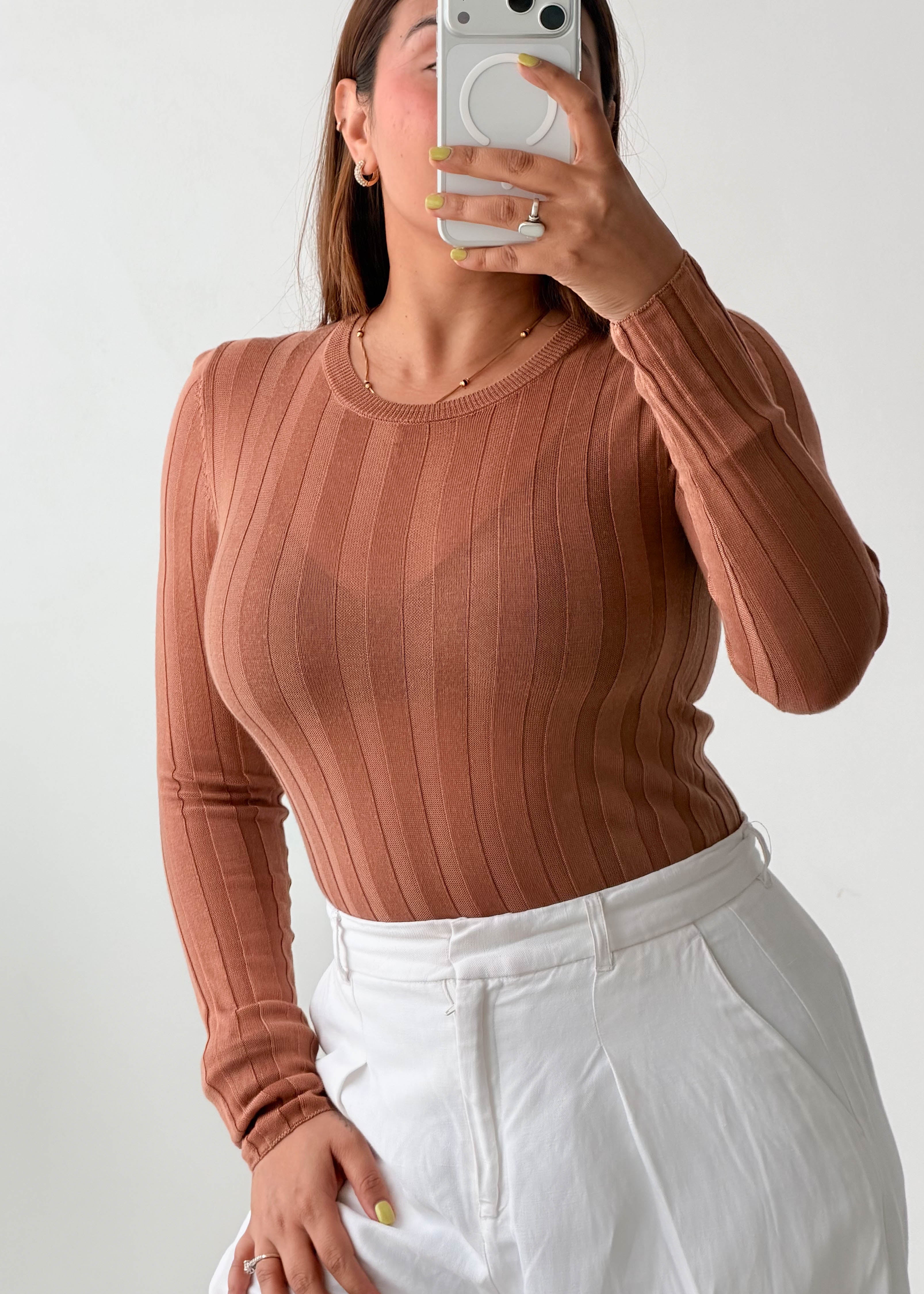 Size S-M Camel Ribbed Long Sleeve Top