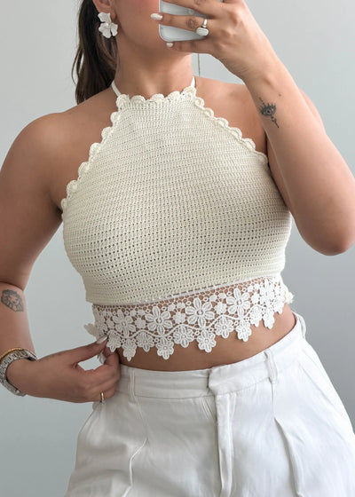 Size S-M, Cream Lace Trim Halter Crop Top - Closet by Payal