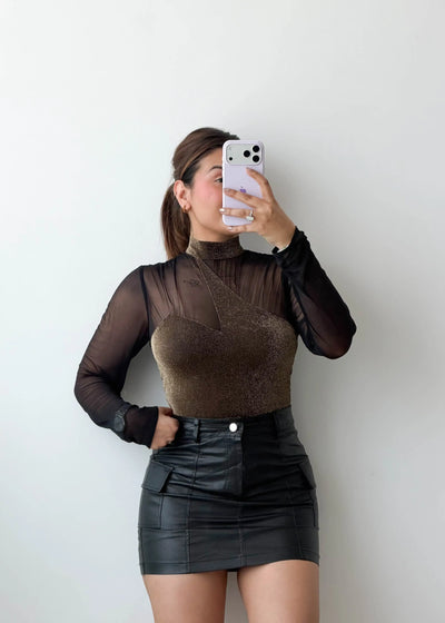 Size L Brown Sheer Layered Bodysuit