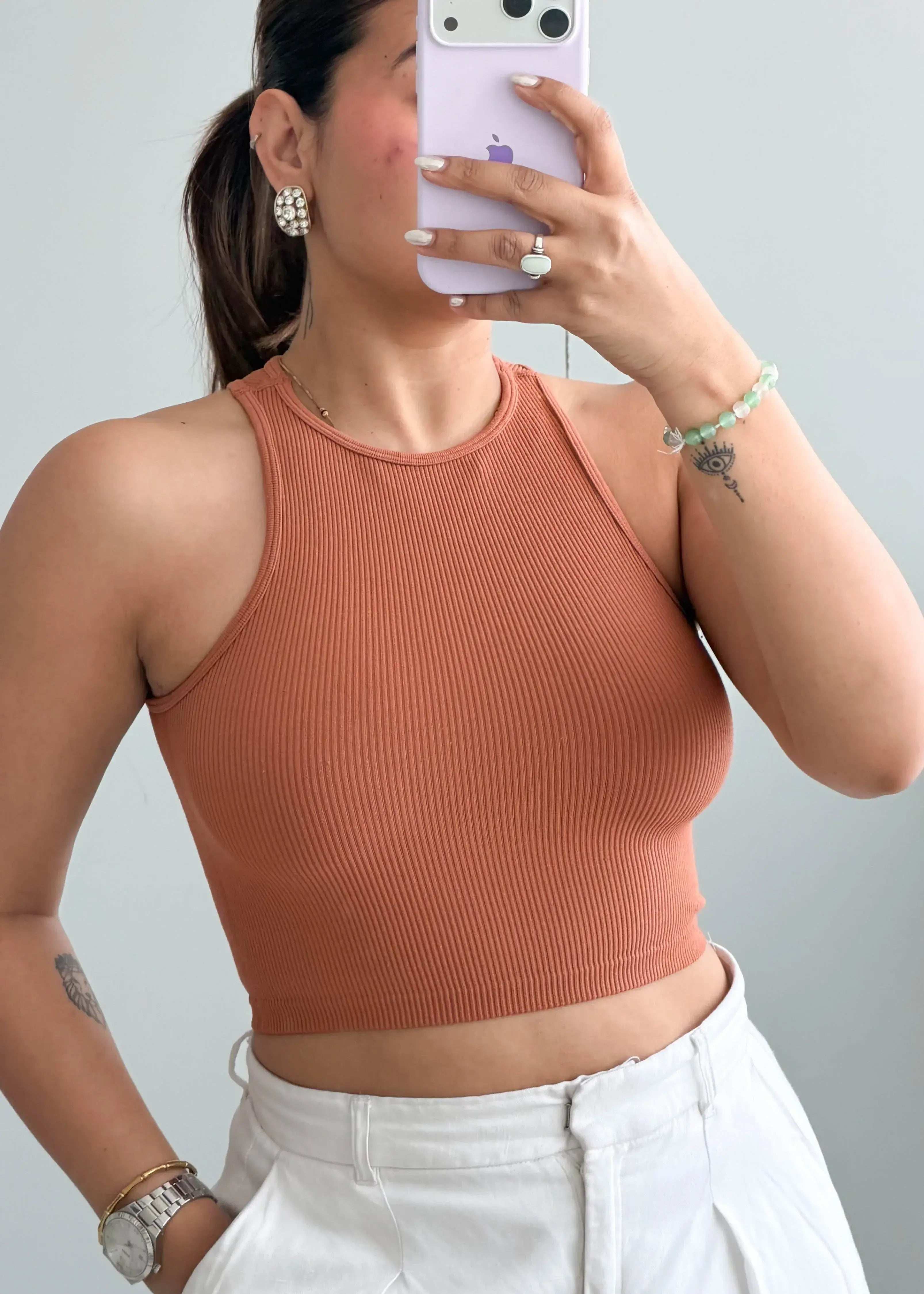 Size XS-S, Rust High Neck Ribbed Crop Top - Closet by Payal