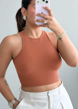 Size XS-S, Rust High Neck Ribbed Crop Top - Closet by Payal
