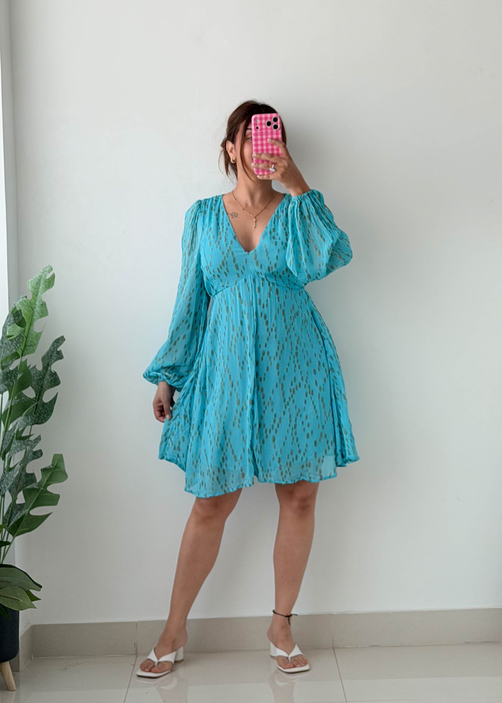 Size S-M Sky Blue Printed Babydoll Dress